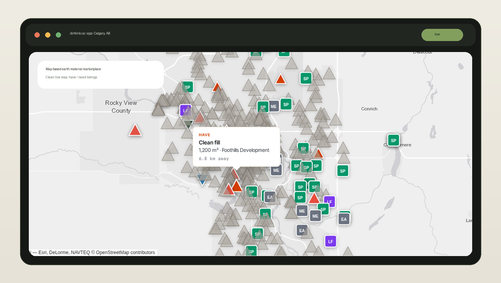 DirtLink app — map of Calgary sites with material pins and filters